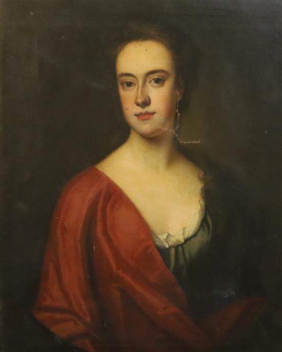 Early 18th century English School Portrait of Sarah Knight, Aged 43, died 1743 30 x 25in., canvas torn